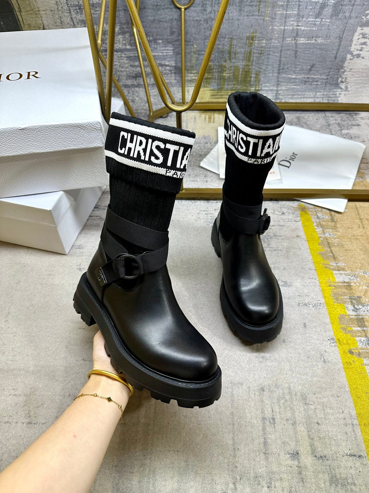 Noir Knit-Cuff Platform Boots