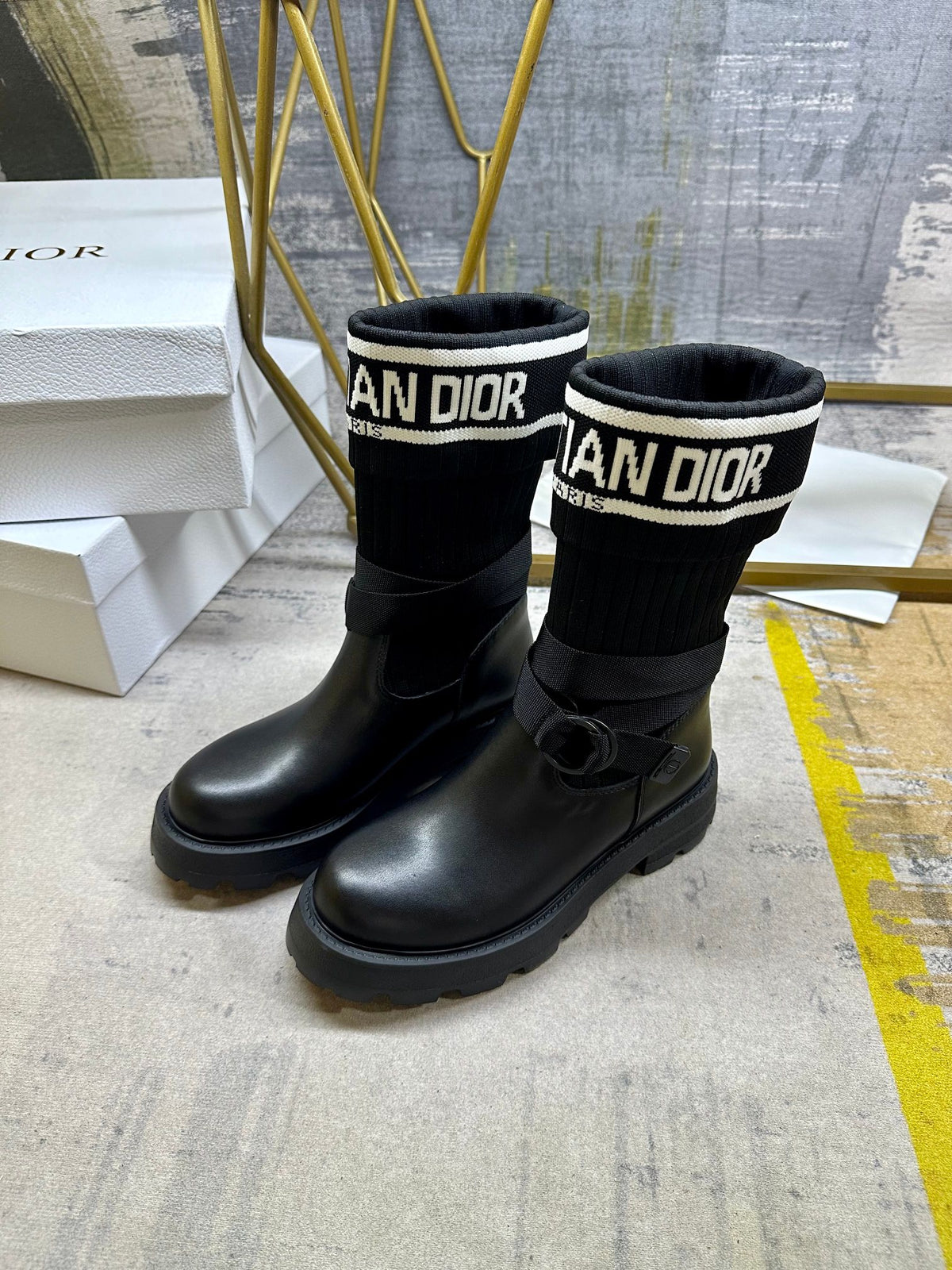 Noir Knit-Cuff Platform Boots