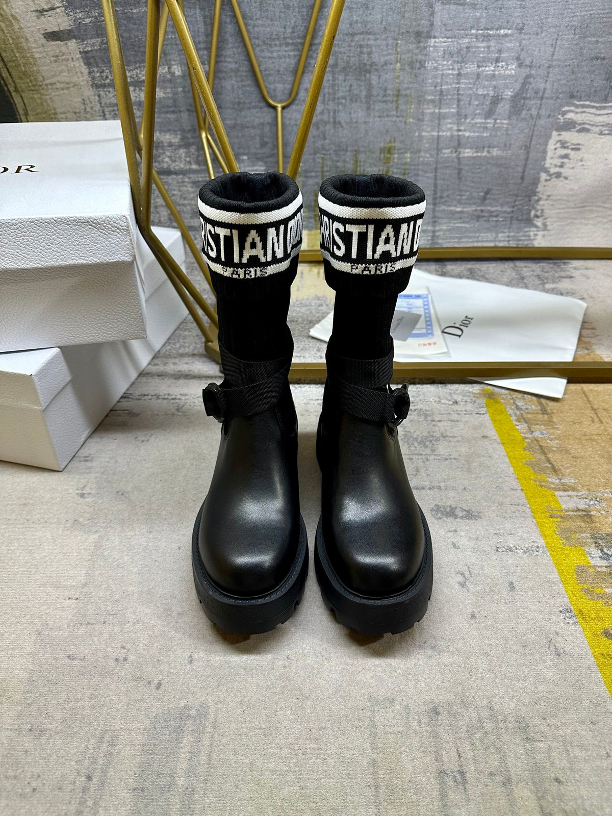 Noir Knit-Cuff Platform Boots
