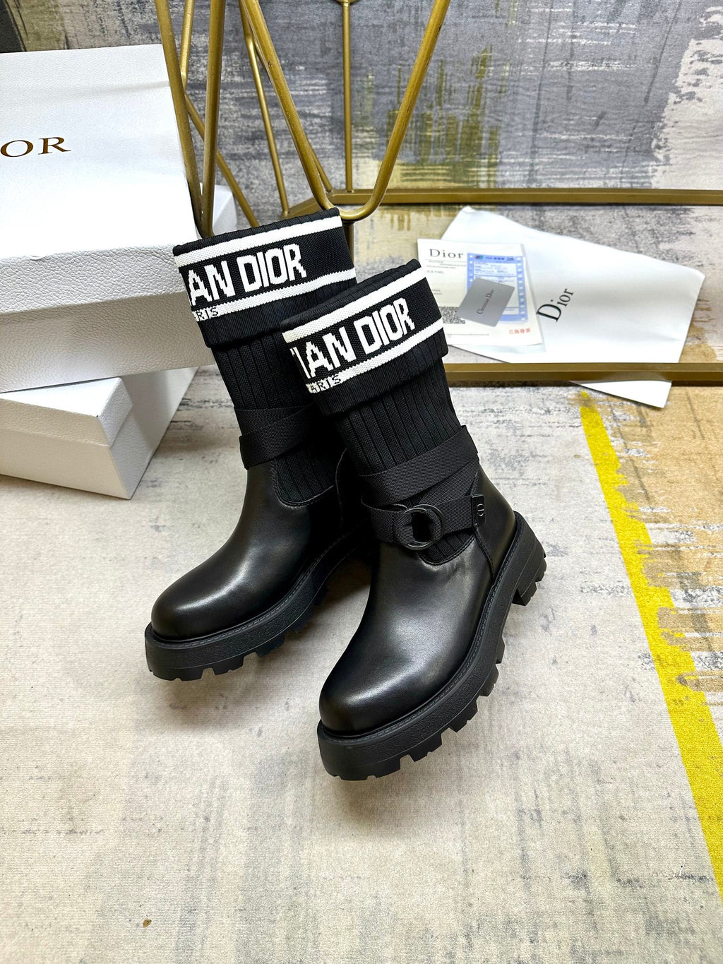 Noir Knit-Cuff Platform Boots