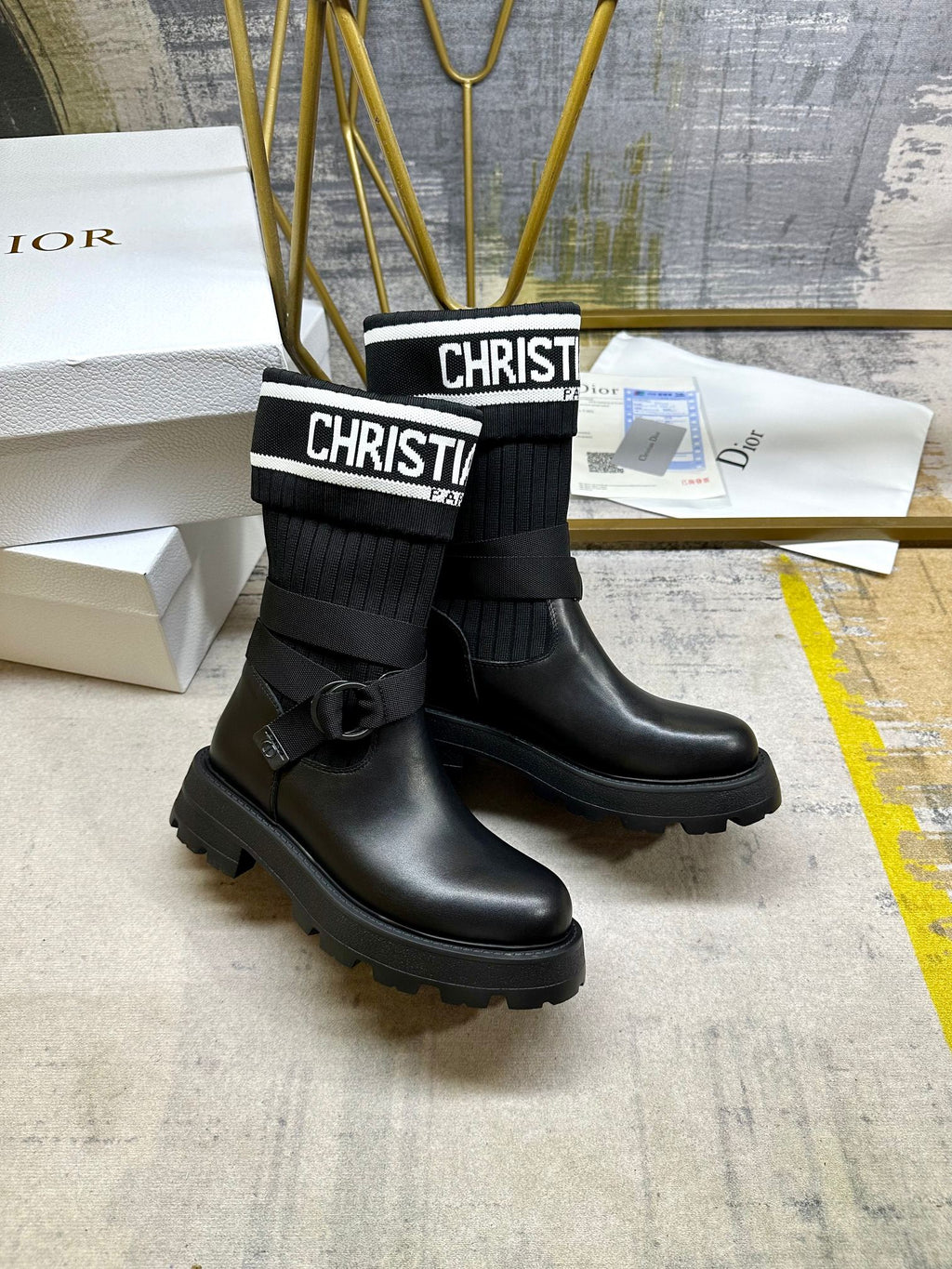 Noir Knit-Cuff Platform Boots